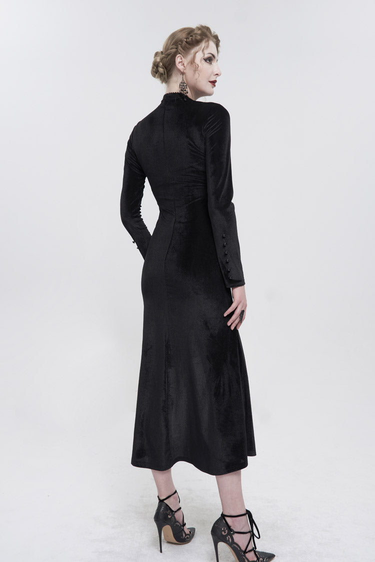 Black Small Stand Collar Cashew Paisley Lace On Chest Mesh Paneled Asymmetrical Hem Long Sleeve Women's Gothic Dress