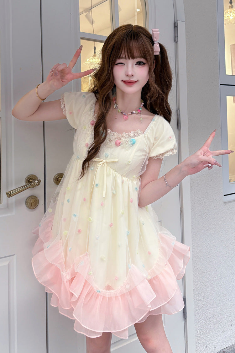 Aprikose/Rosa [Bubble Lover] Kurze Puffärmel Mehrlagiges Rüschen-Spitzen-Kleid Süße Prinzessin Lolita Kleid 