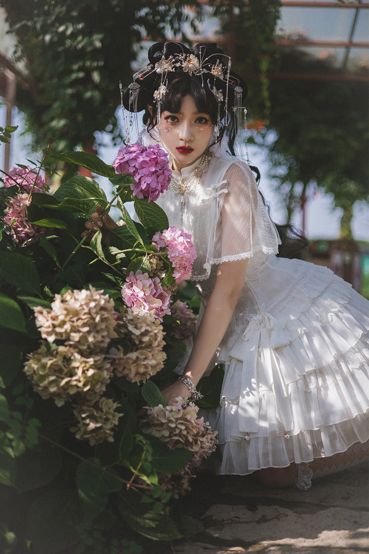 White Stand Collar Ruffle Chinese Qi Shawl Sweet Lolita Dress