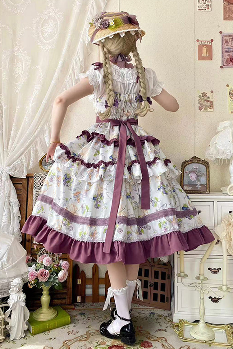 [Blueberry Early Summer] Sleeveless Triple-Layered Print Ruffle Bowknot Lace Sweet Lolita Jsk Dress 2 Colors