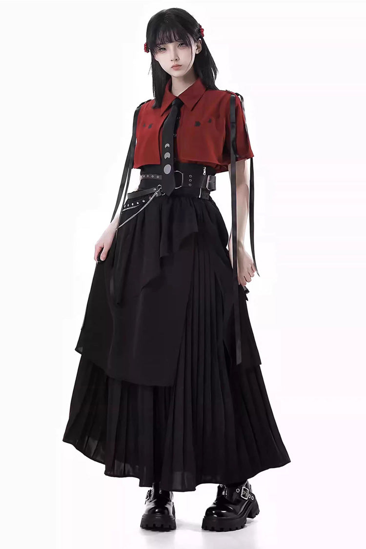 Red/Black [Moonlight Flowing] Long/Short Sleeves Ruffled Asymmetric Gothic Jirai Kei Skirt Set