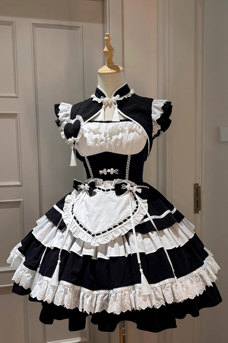 Black/White Multi-Layered Ruffle Sweet Chinese Style Maid Cheongsam L ...