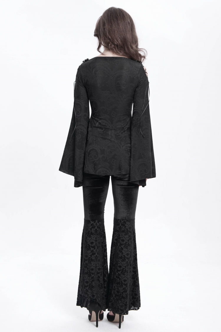 Black Hollow Floral Embroidery Women's Gothic Flared Pants