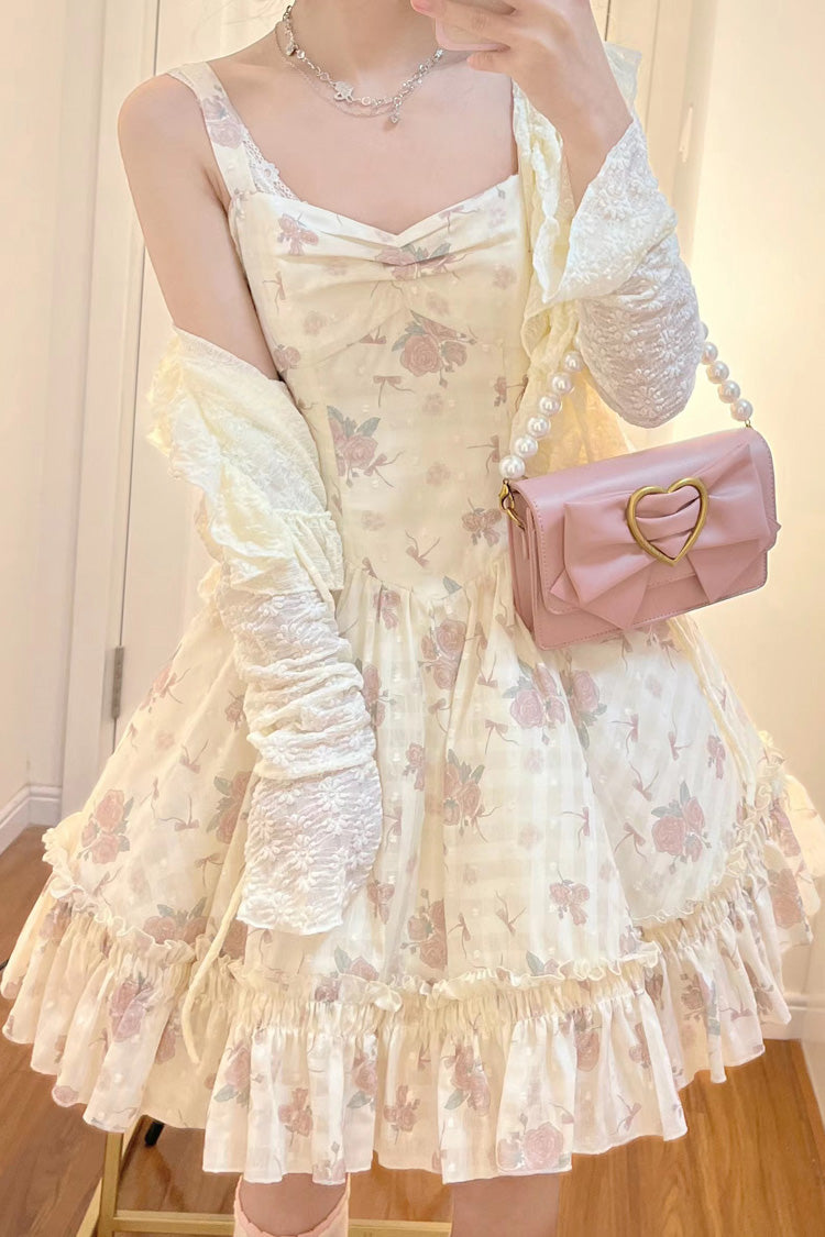 Rosa Lolita JSK Kleid Set mit schrägen Schultern, Rüschen, Schleife und Spitze