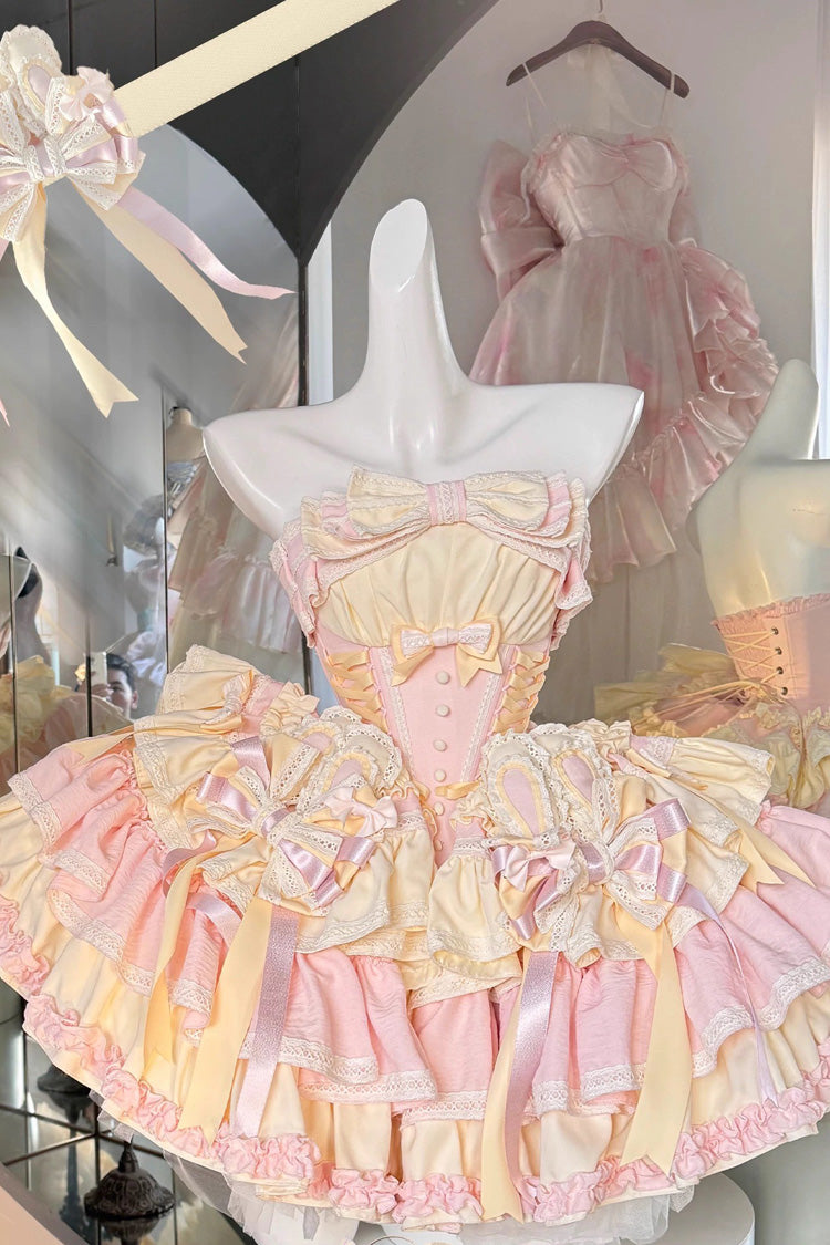 [Ribbon Dance] Multi-Layered Ruffle Bowknot Lace-Up Sweet Princess Lolita Dress 3 Colors