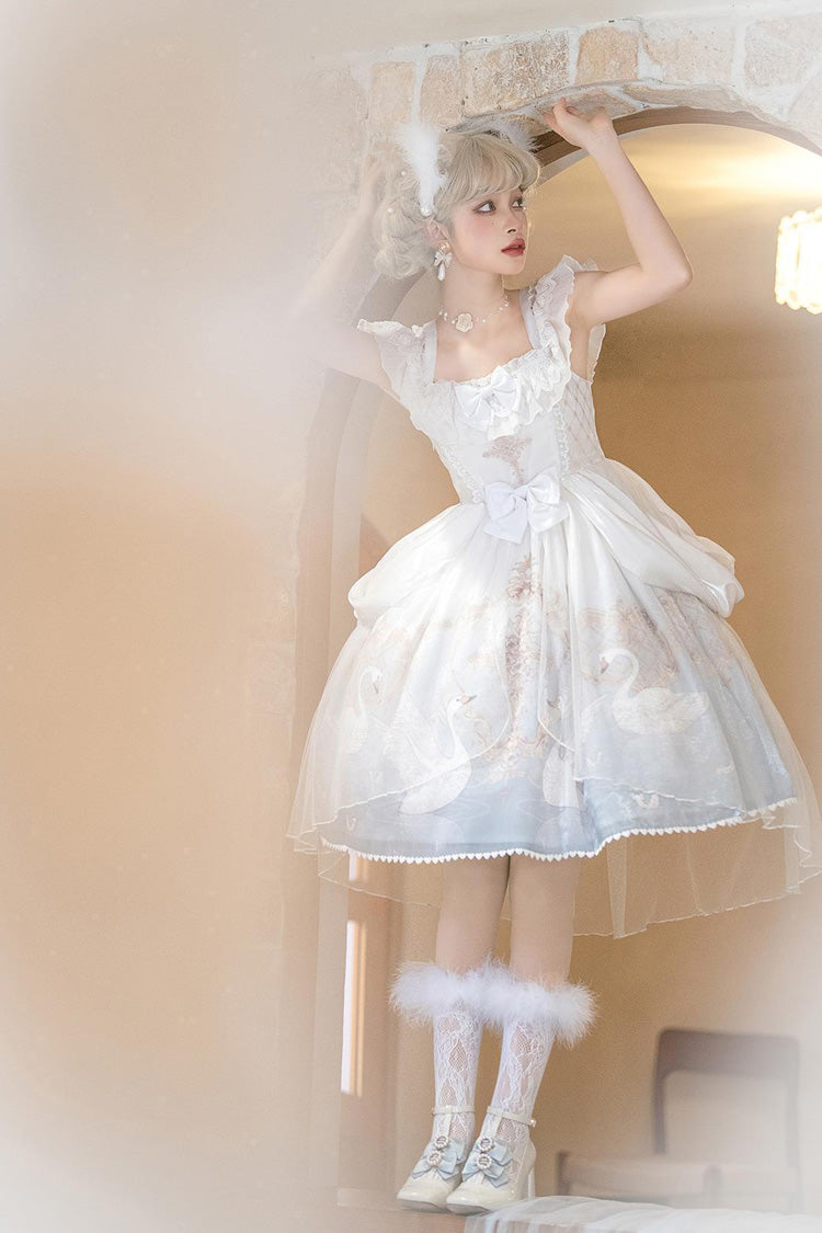 White/Blue [Flower and Letter] Swan Lake Print Ruffle Bowknot Elegant Lolita Jsk Dress