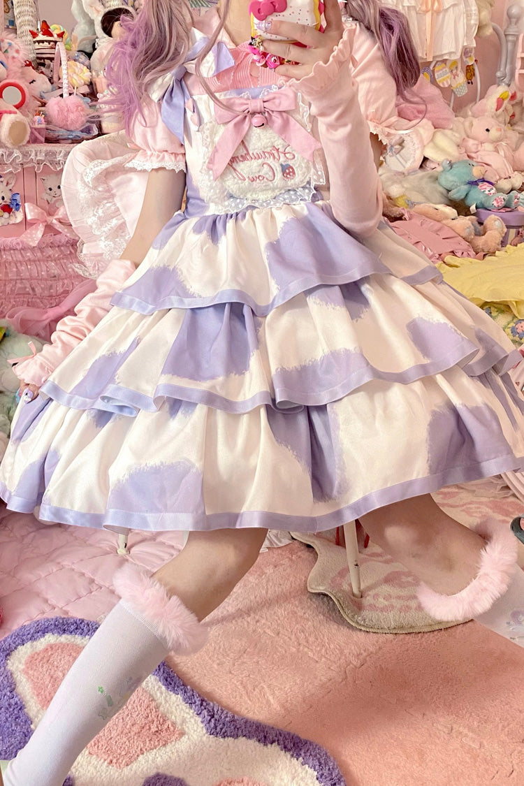 Blue Sleeveless Triple-Layered Cow Print Ruffle Bowknot Sweet Lolita Jsk Dress