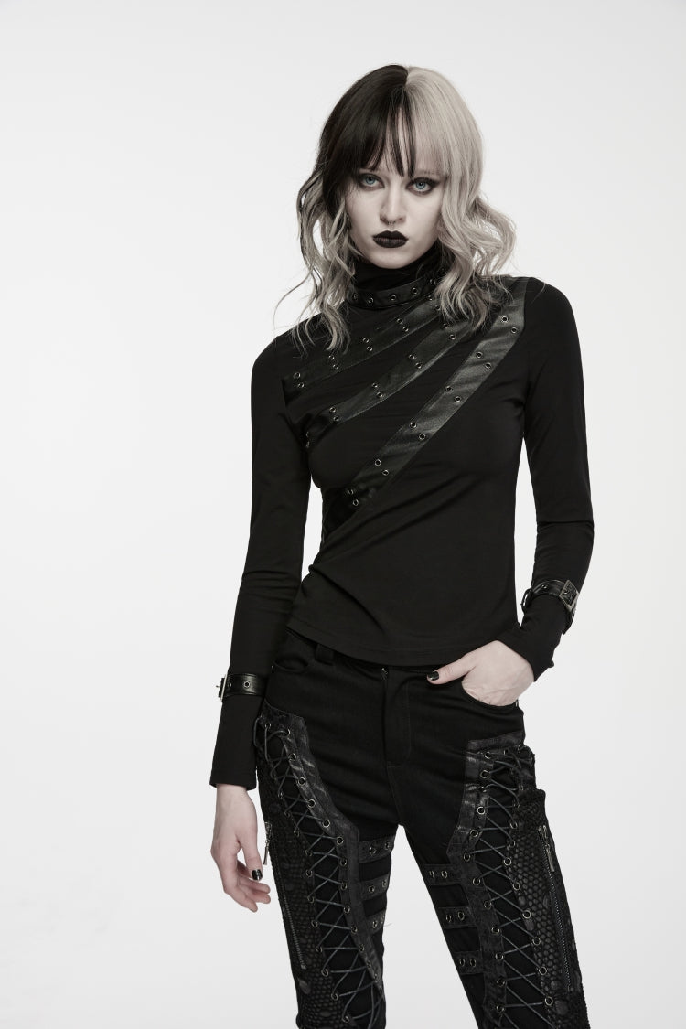 Noir col haut manches longues découpé Patchwork coupe ajustée asymétrique boucle femmes Punk Cool haut