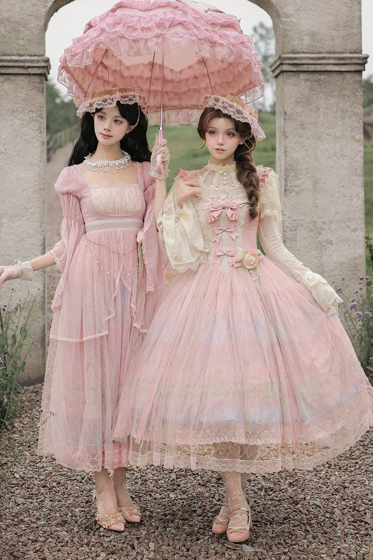 Pink [Spring in Giverny] Square Collar Jacquard Printed Bow Lace Sweet Lolita Dress 2 Versions