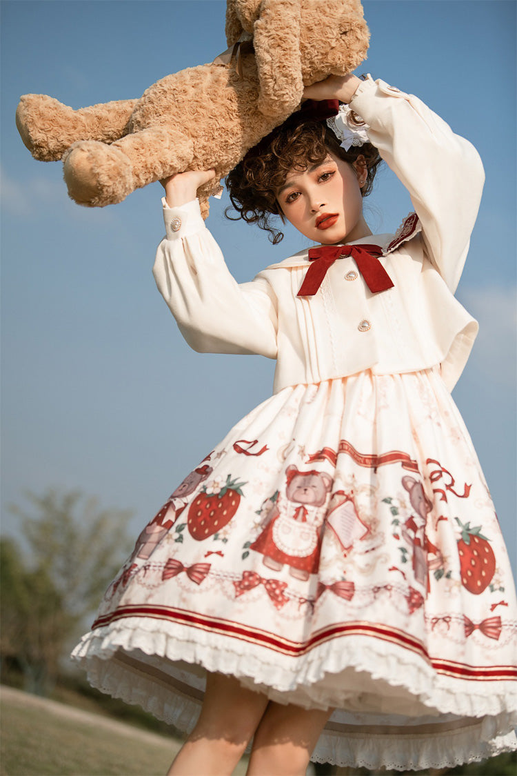 Ivory/Red Strawberry Bear Print Ruffle Bowknot Sweet Princess Lolita Jsk Dress