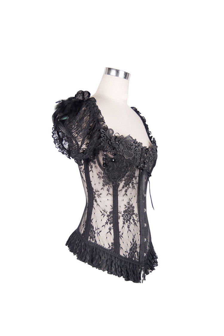 Black Transparent Lace Cotton Waist Fishbone Feather Women's Gothic Flower Corset