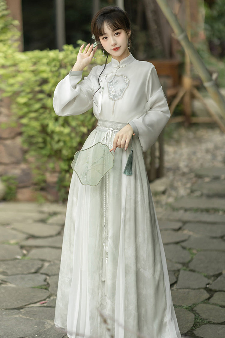 Green Stand Collar Lantern Sleeves High Waisted Embroidery Sweet Chinese Style Hanfu Skirt And Blouse Set