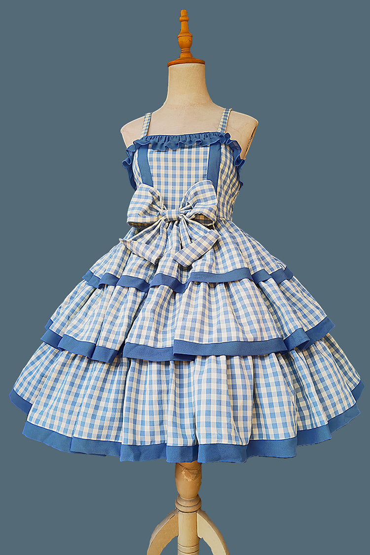 Blue [Cloth Cat] Triple-Layered Plaid Print Ruffle Bowknot Sweet Lolita Dress 2 Colors