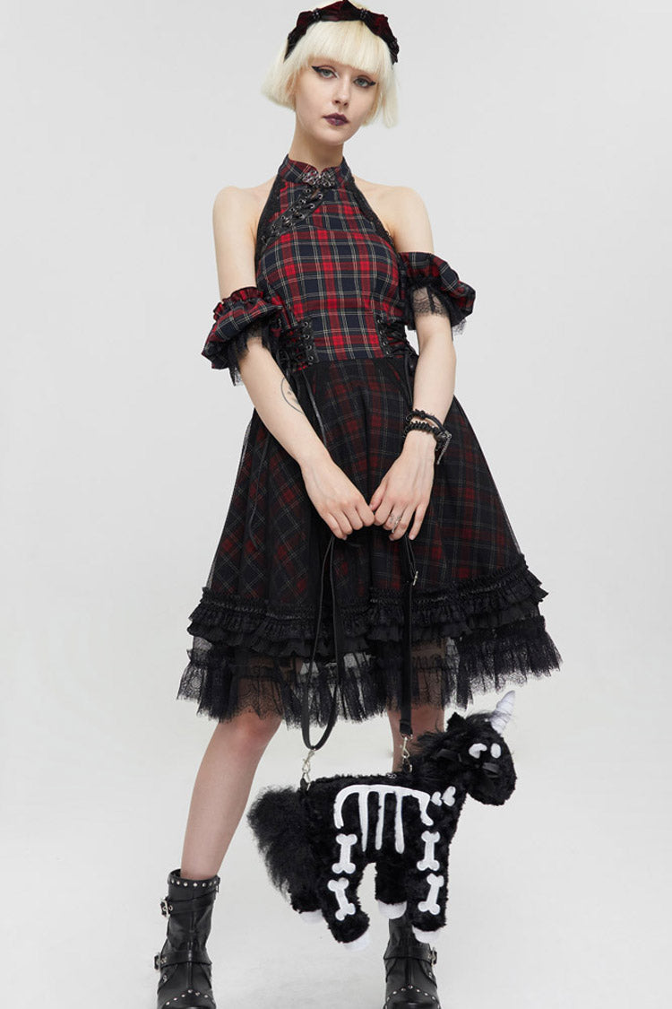 Black/Red Punk Off The Shoulder Plaid Chinese Style Cheongsam Collar Oversized Hem Women's Dress