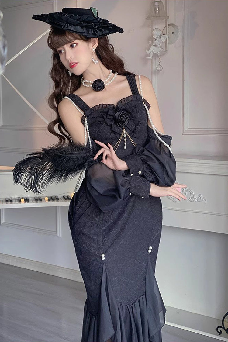 Black [Camellia 1.0] Sleeveless Jacquard Ruffle Lace Gothic Chinese Style Lolita Jsk Fishtail Dress
