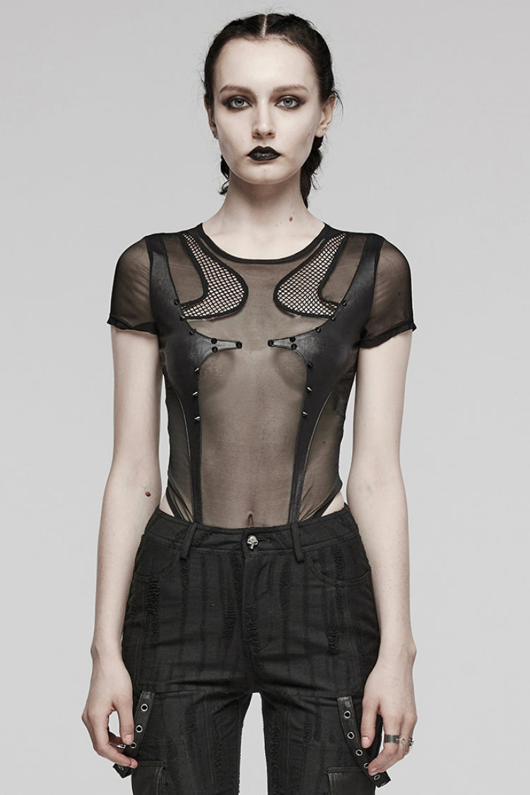 Black Short Sleeves Sheer Mesh Women's Punk Bodysuit
