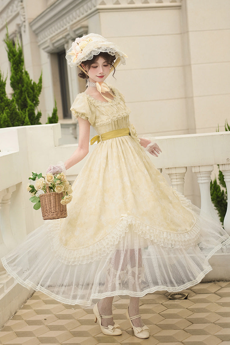 Yellow [Falling Flowers as a Message] Square Collar Short Sleeves Print Ruffle Lace Sweet Elegant Lolita Long Dress