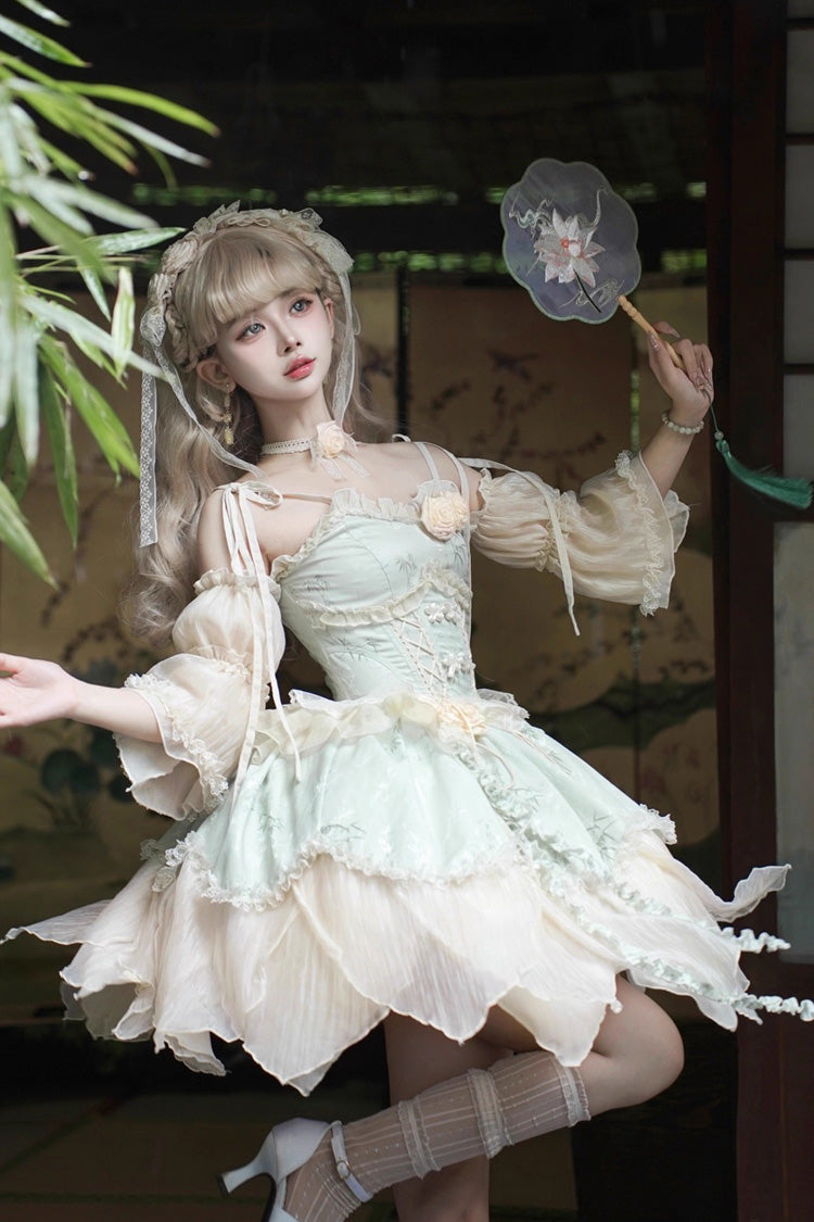 Green [Tea Bamboo Song] Sleeveless Print Ruffle Bowknot Sweet Chinese Style Elegant Ballet Lolita Jsk Short Dress