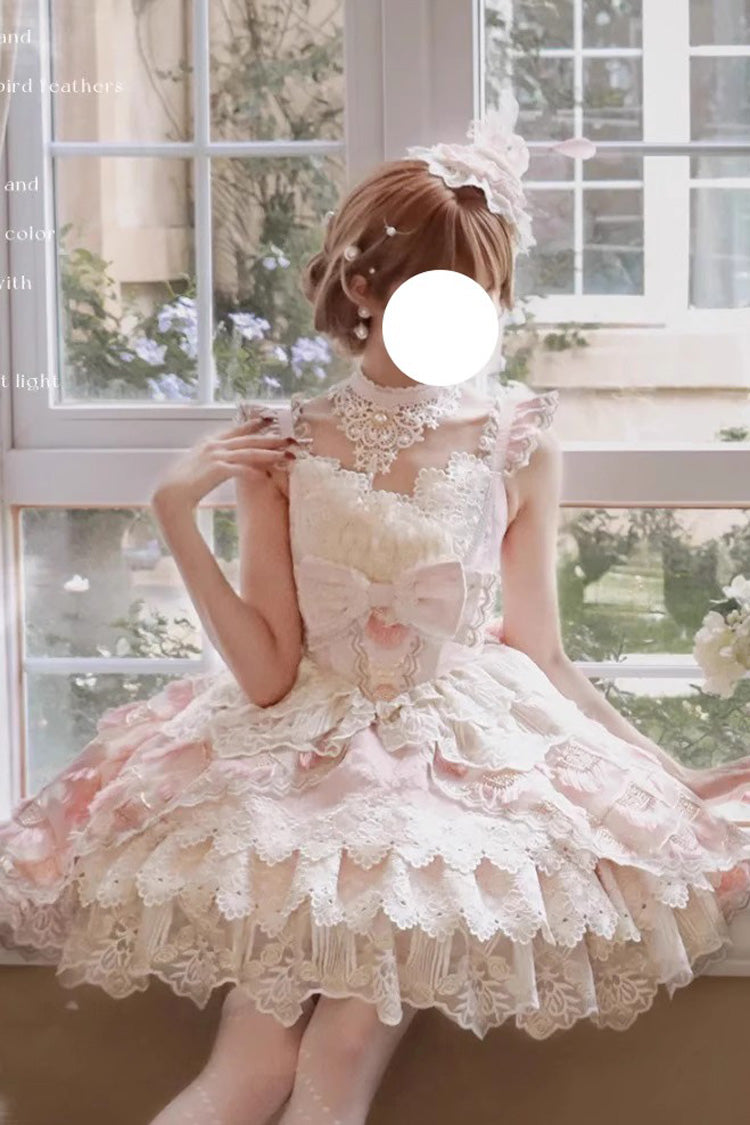 Pink [Peacock Feather] Multi-Layered Ruffle Hanayome Cardigan Bowknot Lace Sweet Lolita Jsk Dress Set