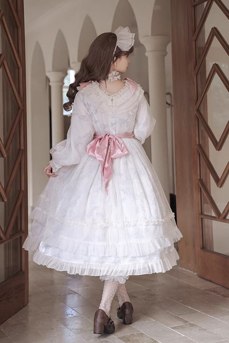 Ivory Long Sleeves Rose Print Bowknot Sweet Princess Lolita Dress