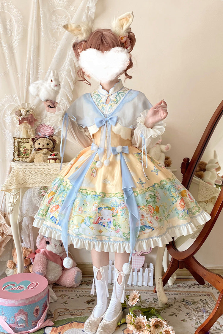Multi-Color Fairy Rabbit Print Ruffle Bowknot Sweet Chinese Style Princess Lolita Dress