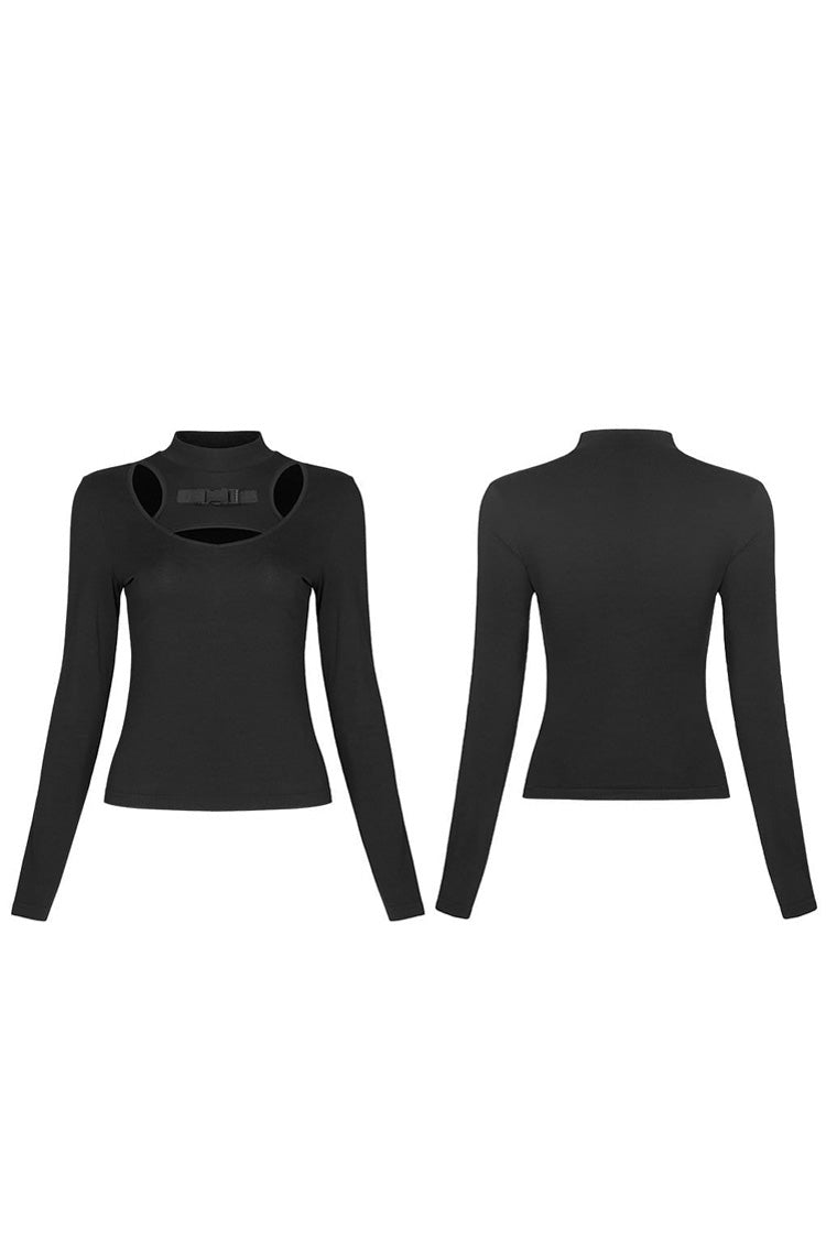 Black Knit High Collar Front Chest Hollow Out Long Sleeve Women's Punk T-Shirt