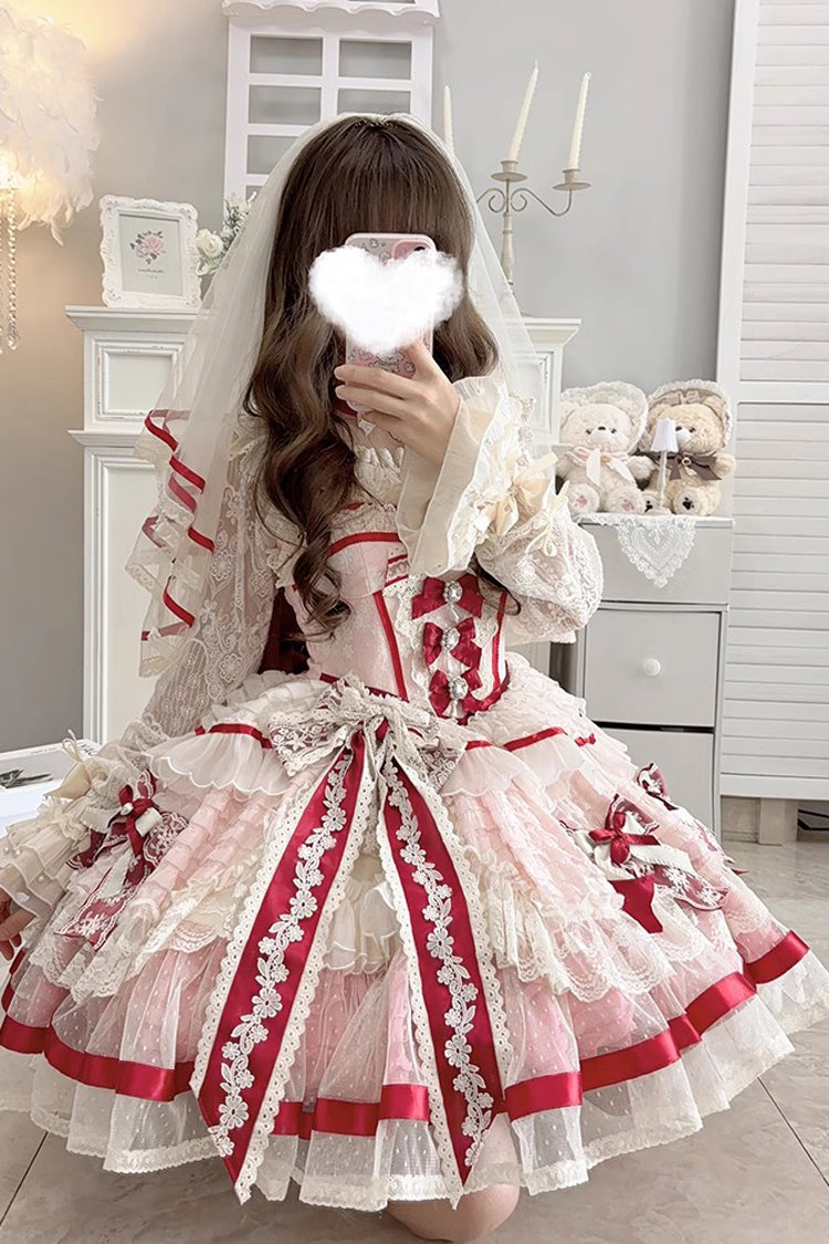 Pink [Moonstone] Sleeveless Ruffle Embroidery Bowknot Lace Fishbone Sweet Princess Lolita Dress