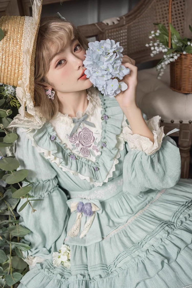 Green Long Sleeves Ruffle Embroidery Bowknot Sweet Plus Size Elegant Lolita Dress