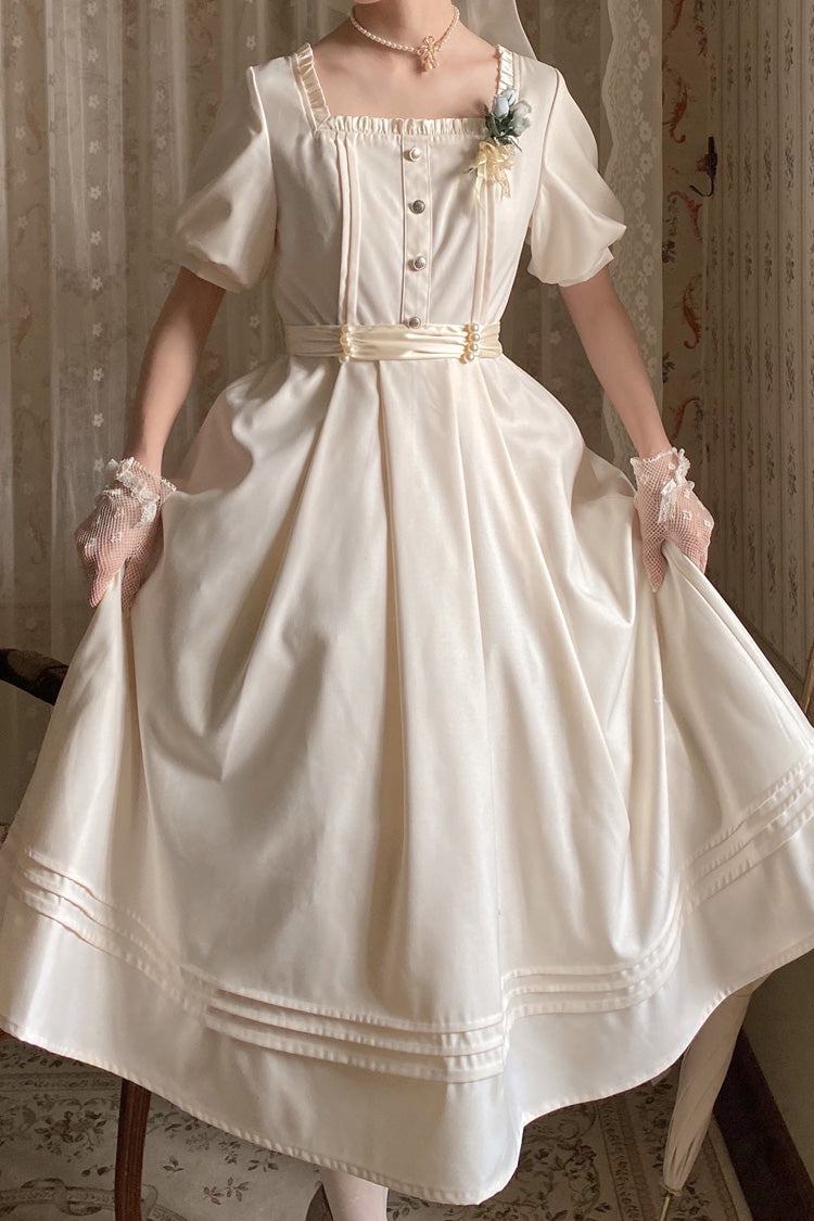 Apricot [Random Thoughts] Square Collar Short Sleeves Ruffle Classic Vintage Elegant Lolita Dress