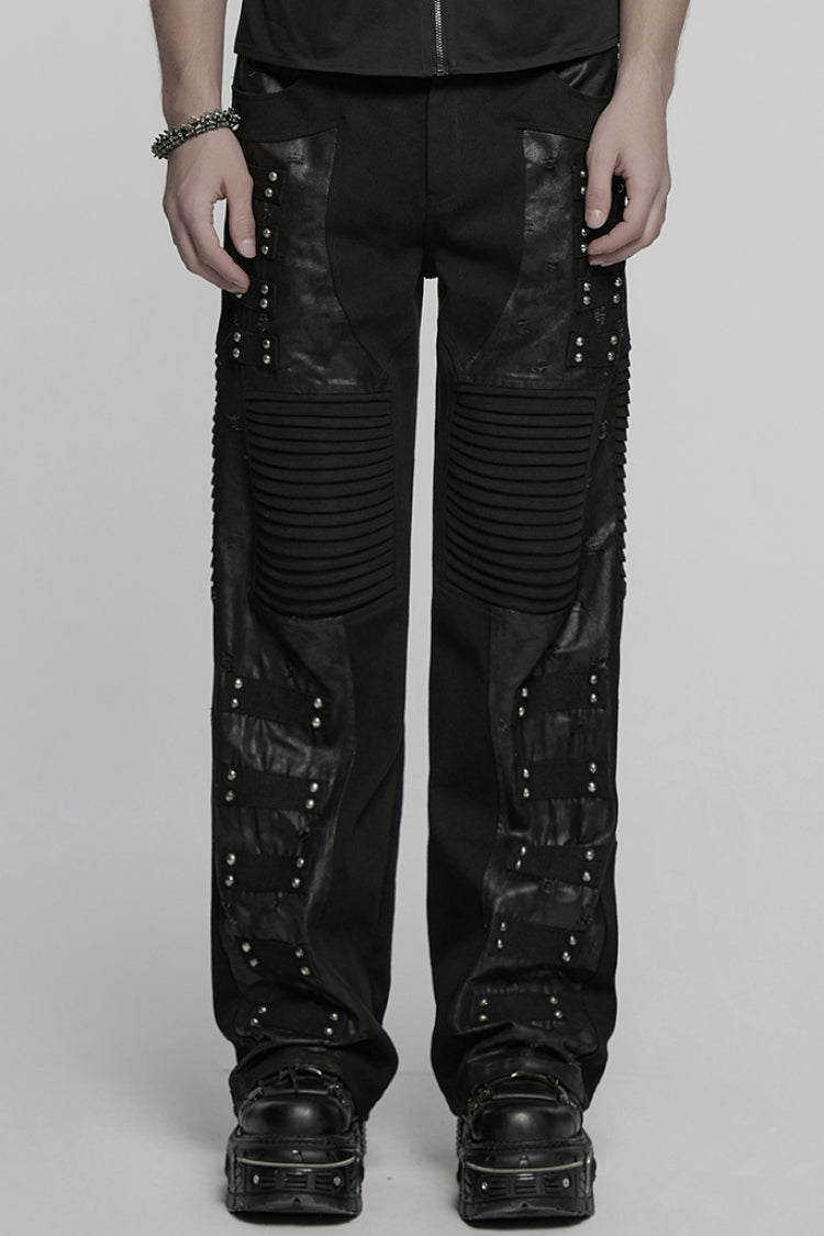 Black Pleated Faux Leather Stitching Men's Punk Straight Pants