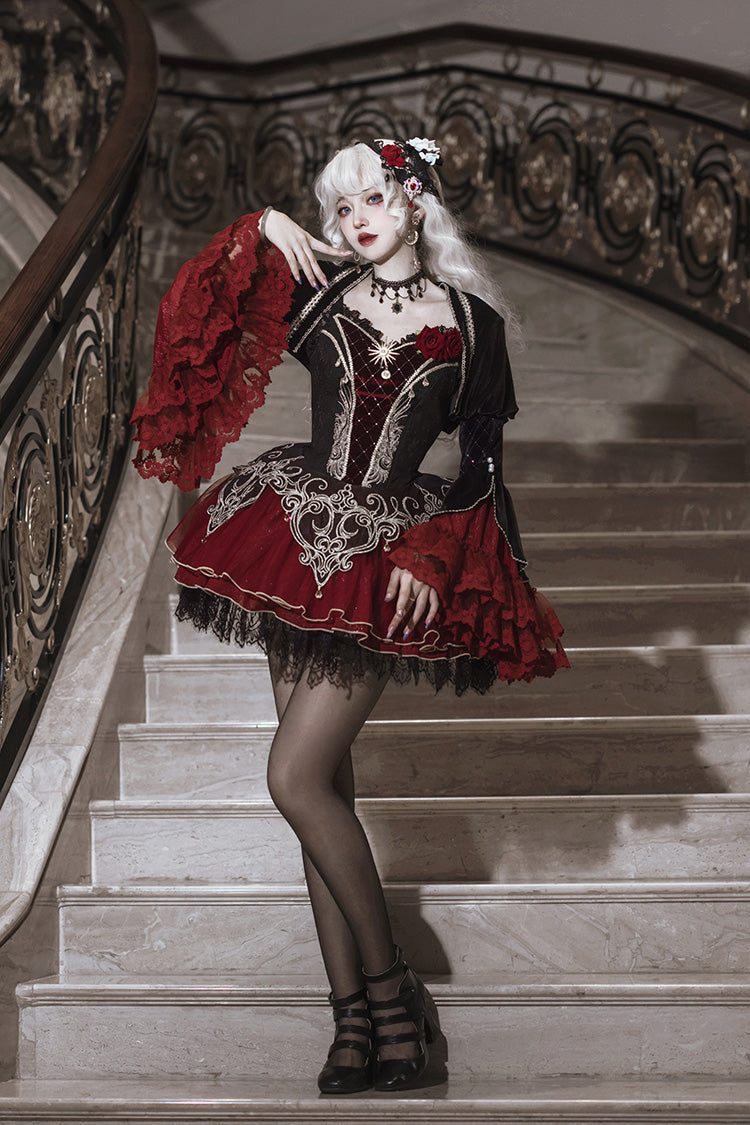 Schwarz/Rot [Blutclan-Fest] Rüschenstickerei Spitze Gothic Lolita Jsk Kleid Set 