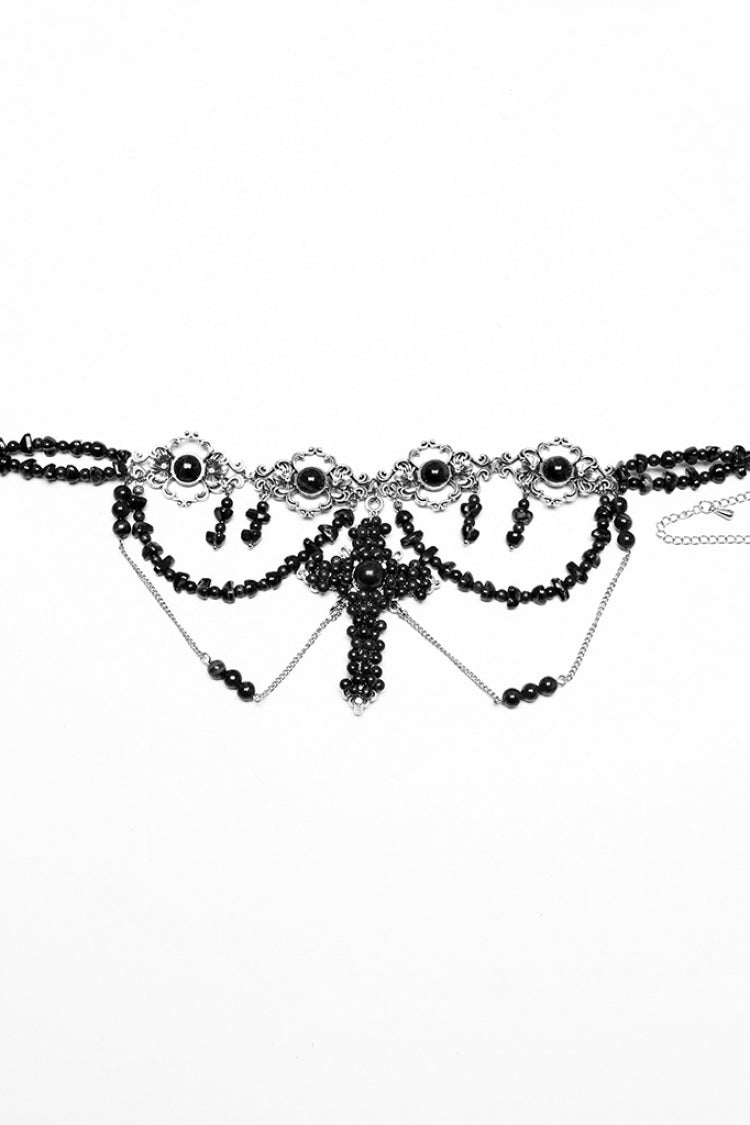 Black Irregular Beaded Cross Women's Punk Necklace