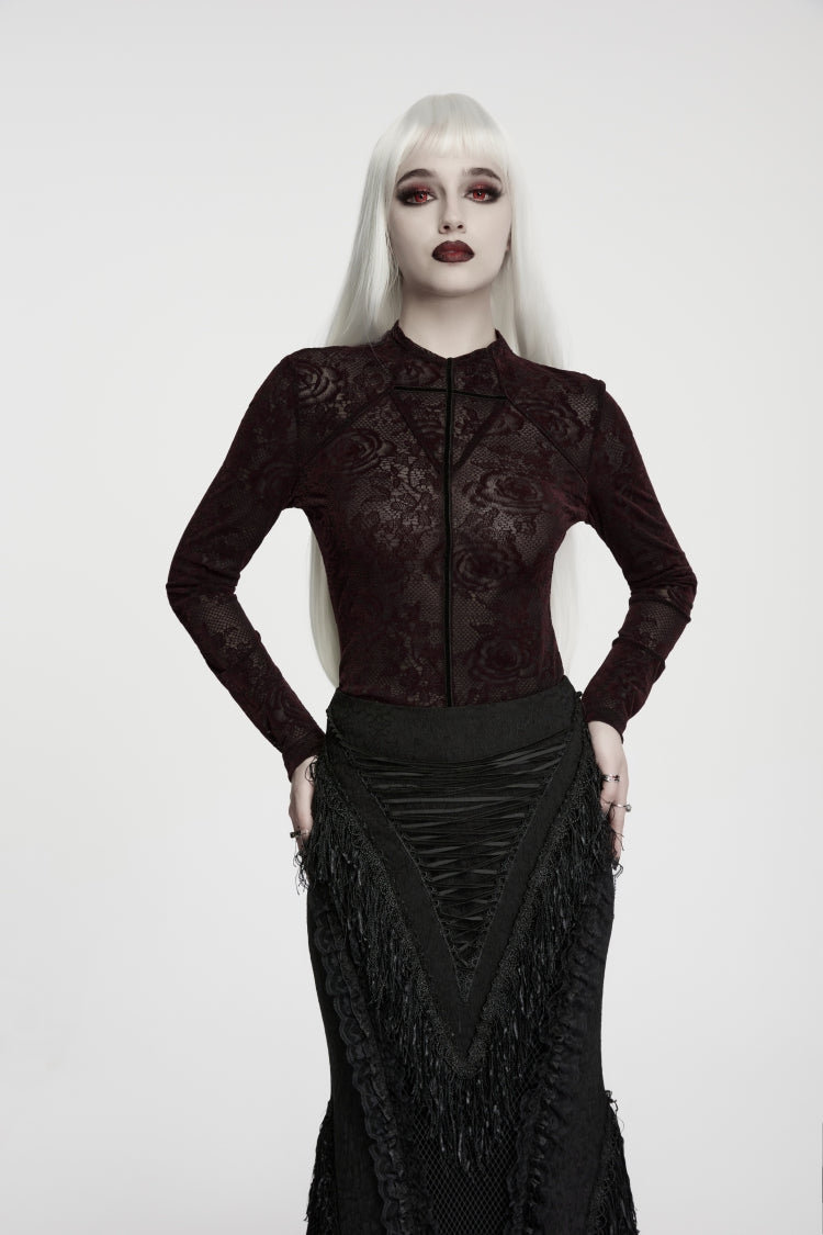 Red High Collar Long Sleeves Rose Jacquard Lace Slim Fit Women's Gothic Luxurious Top