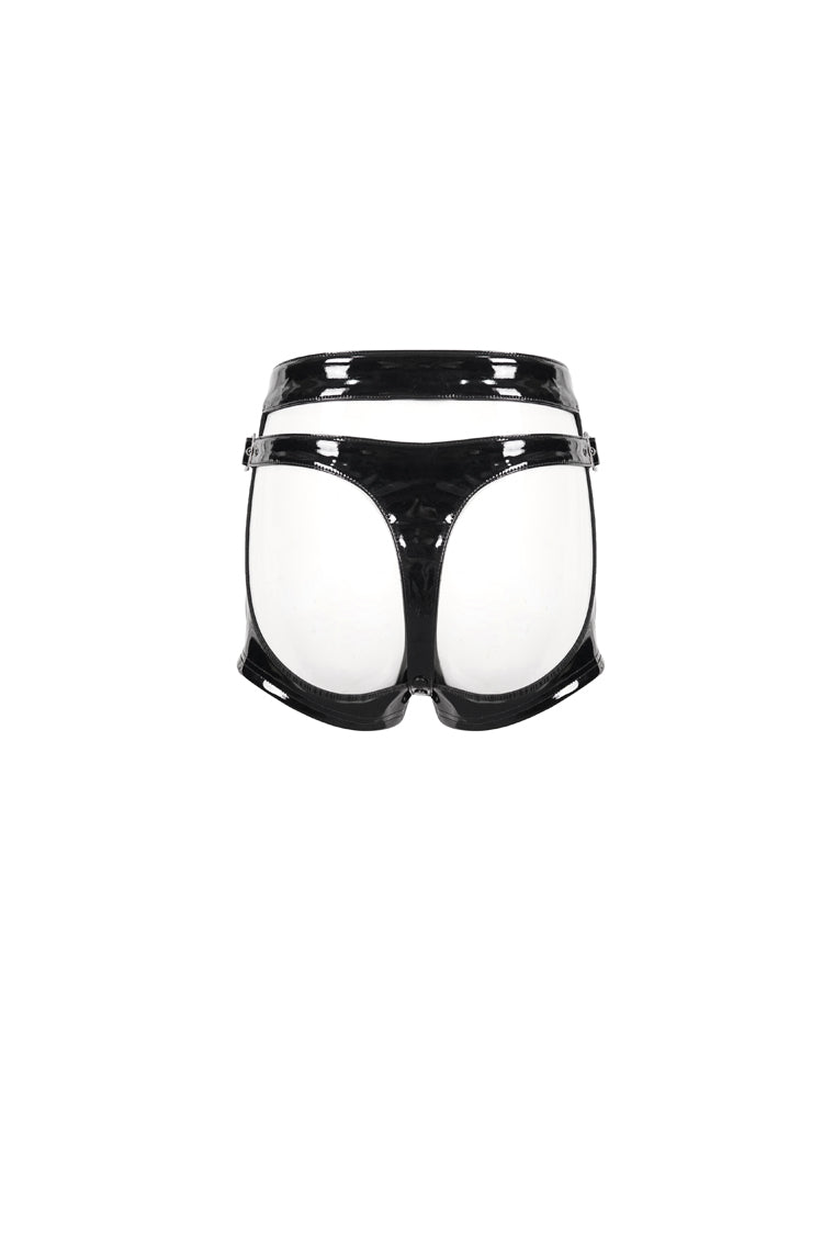 Black Sexy Stretch Patent Leather Detachable Gusseted Women's Punk Shorts