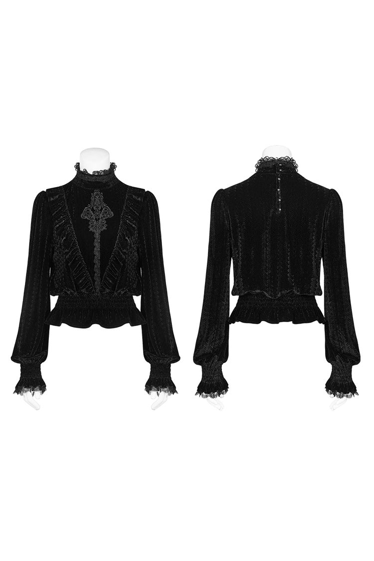 Black Stand Collar Long Sleeves Embroidery Floral Lace Women's Gothic Tops