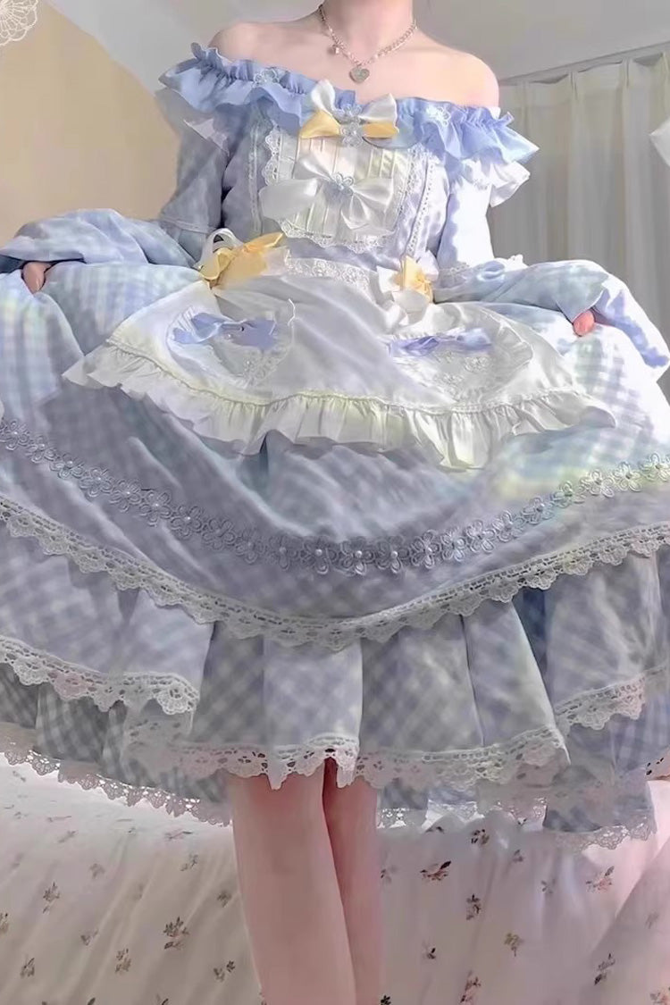 Blue Plaid Print Long Sleeves Bowknot Lace Sweet Lolita Dress