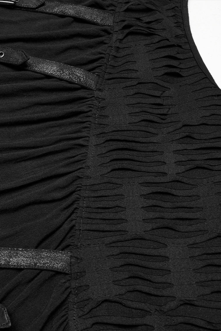 Black Sleeveless Hooded Ripped Ruched Men's Punk Vest