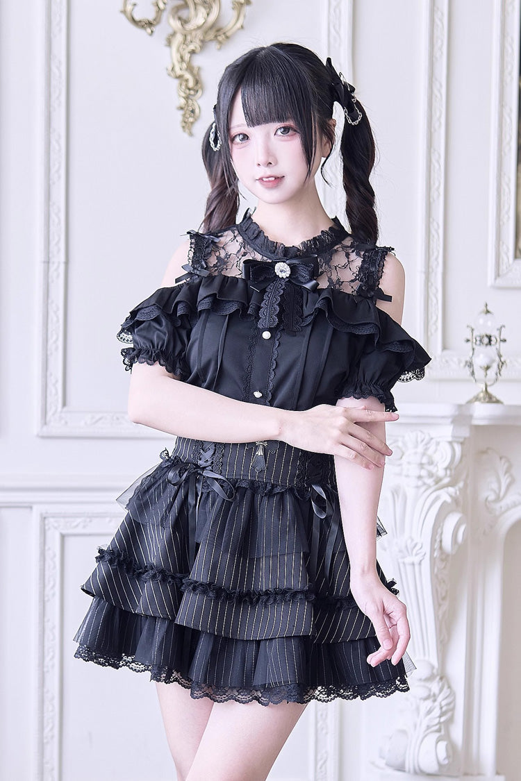 Sweet Off Shoulder Short Sleeves Hollow Bowknot Jirai Kei Japanese Blouse