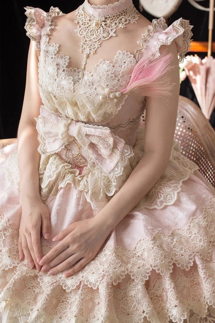 Pink [Peacock Feather] Multi-Layered Ruffle Hanayome Cardigan Bowknot Lace Sweet Lolita Jsk Dress Set