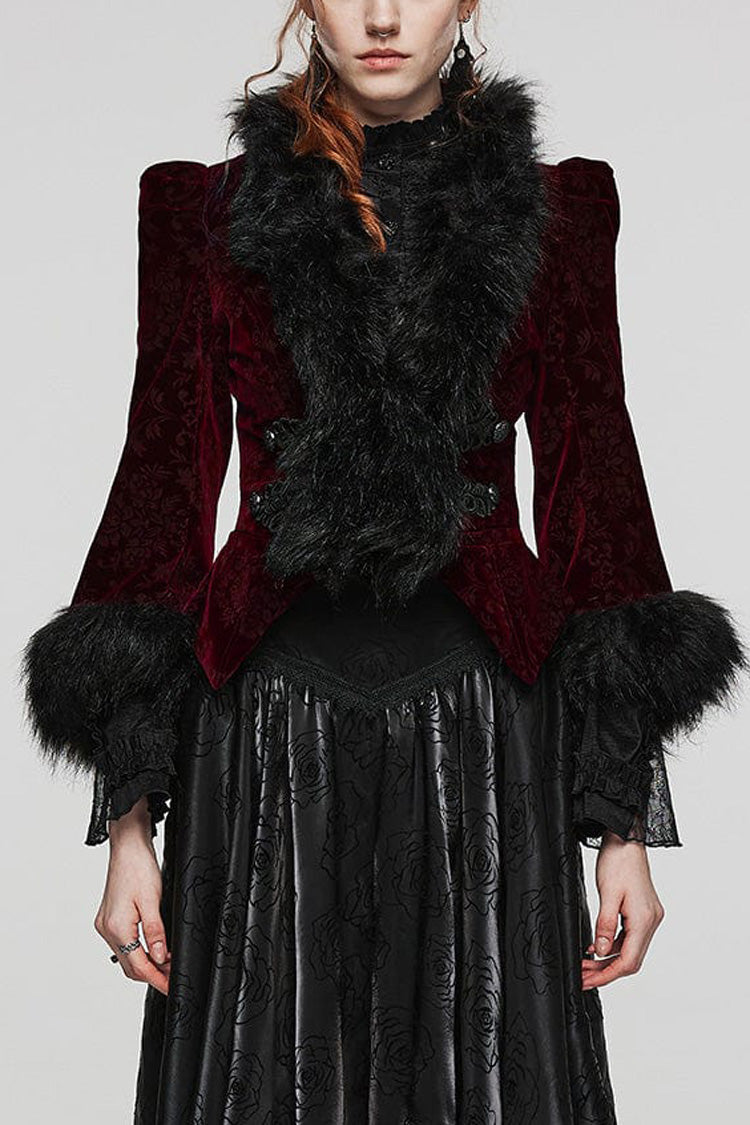 Women's V Collar Long Sleeves Faux Fur Stitching Gothic Coat 4 Colors