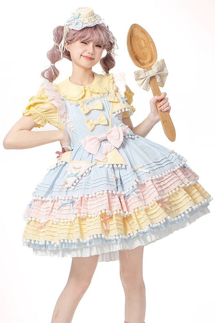 Blue/Pink/Yellow Sweetheart Macaron Ice Cream Multi-Layered Ruffle Bowknot Sweet Lolita Dress
