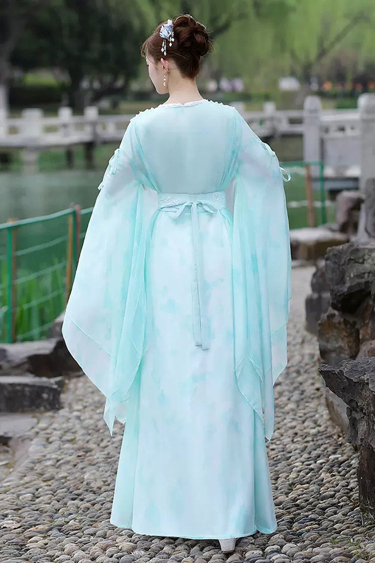 Blue V Collar High Waisted Lace-Up Women's Classic Hanfu Dress