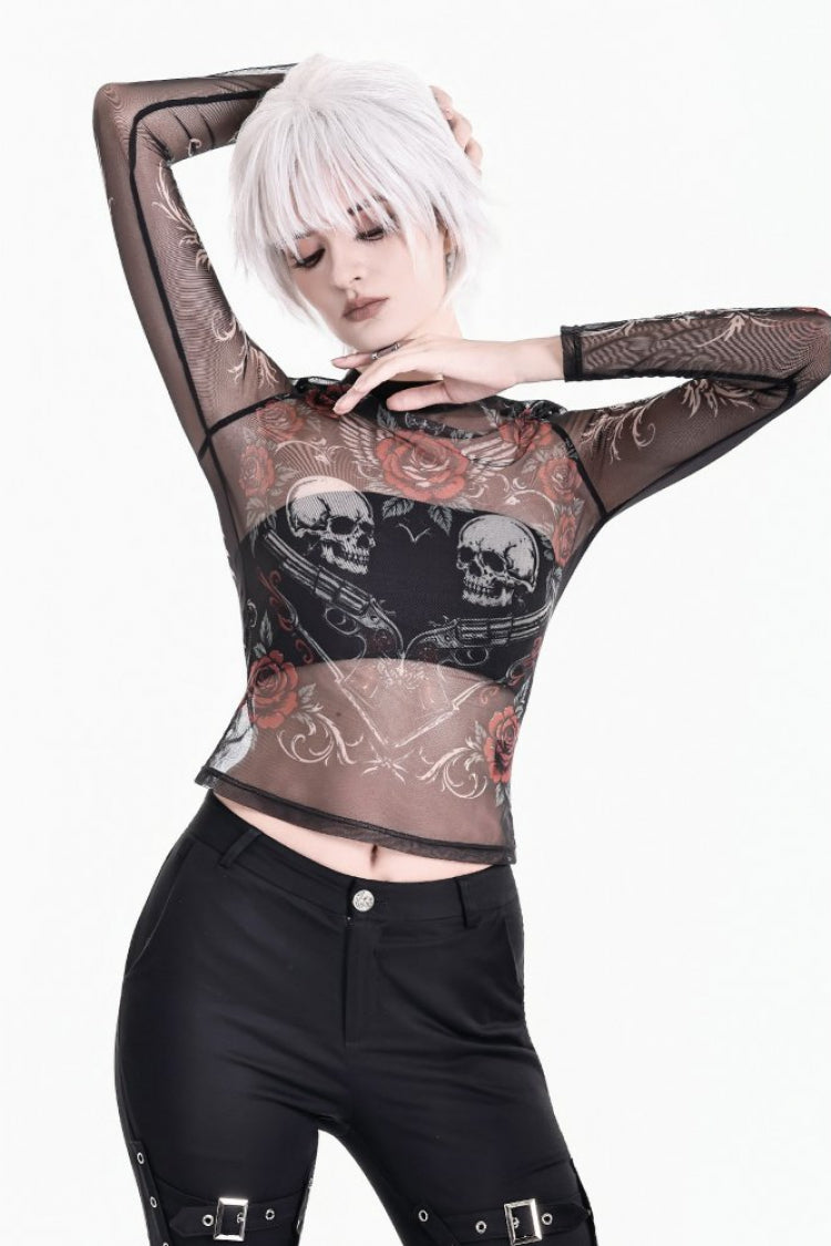 Black Long Sleeves Printed Skull Rose Angel Wings Sheer Mesh Women's Gothic Top