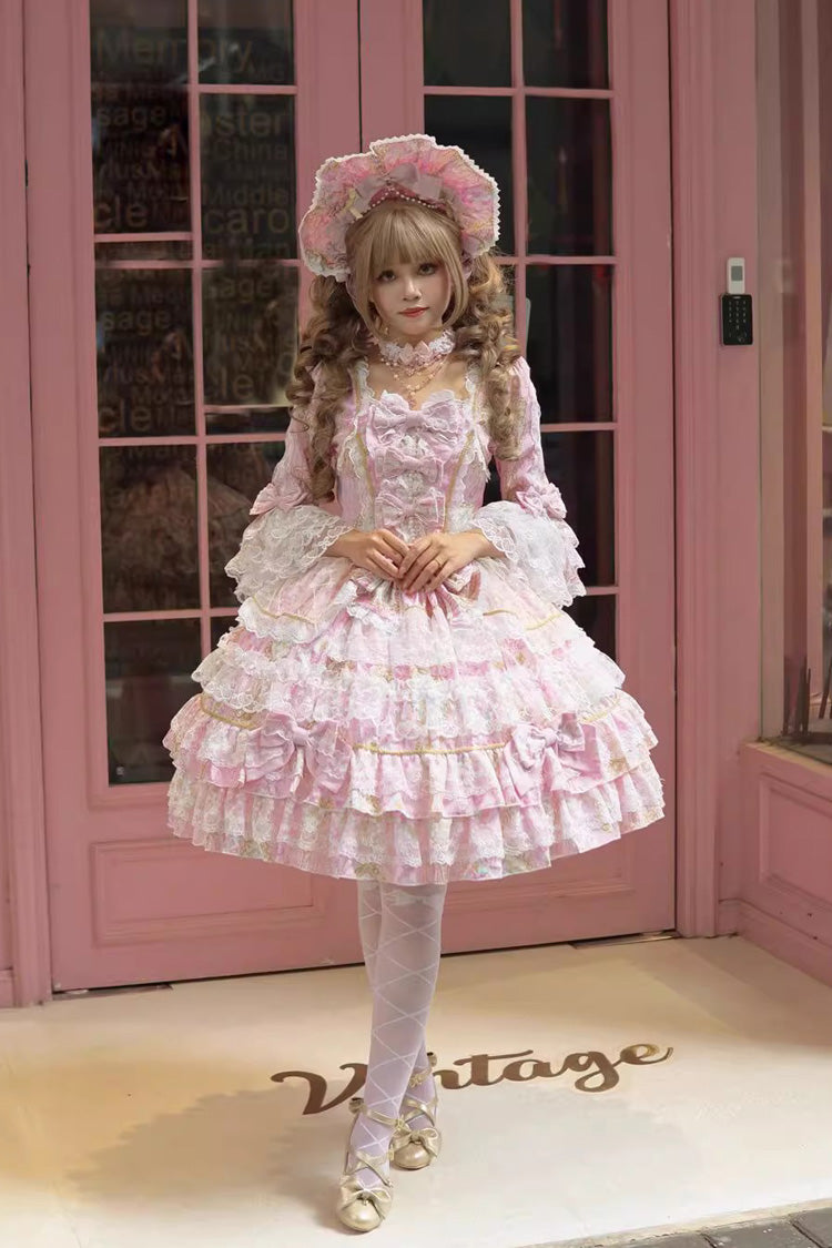 Pink [Candlelight Elegance] Long Trumpet Sleeves Multi-Layered Ruffle Bowknot Lace Sweet Elegant Lolita Dress