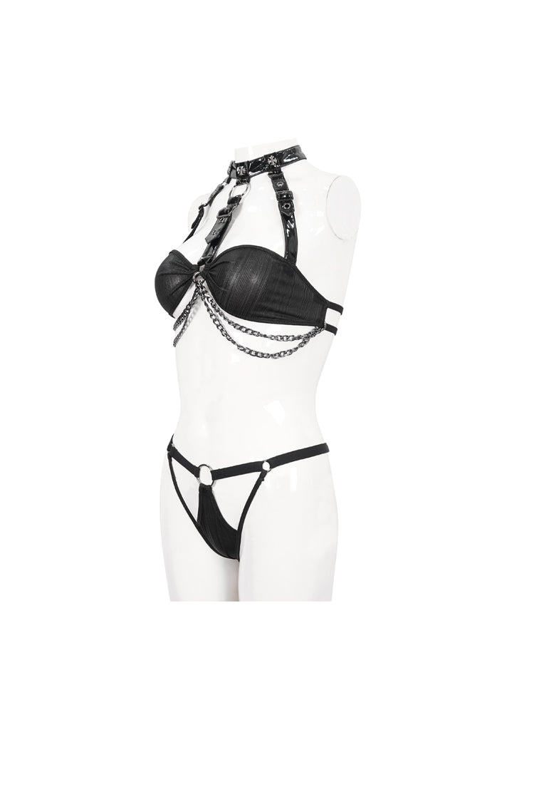 Black Detachable Hanging Neck Vertical Grain Texture Women's Punk Fun Suit