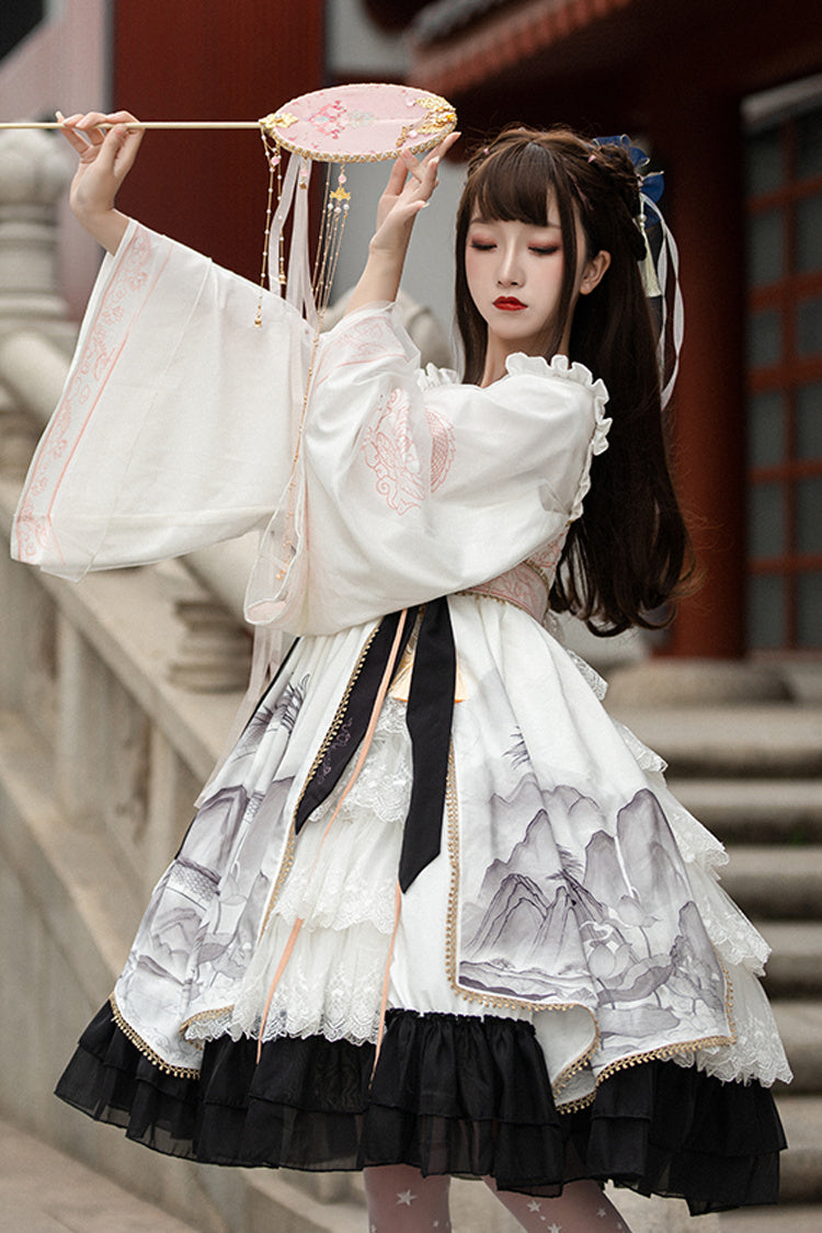 Chinese Style Long Sleeves Landscape Painting Print Bowknot Sweet Elegant Lolita Dress 2 Colors