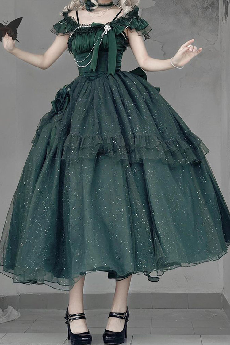 Green [Bright Stars] Off Shoulder Ruffle Bowknot Asymmetric Sweet Elegant Princess Lolita Dress