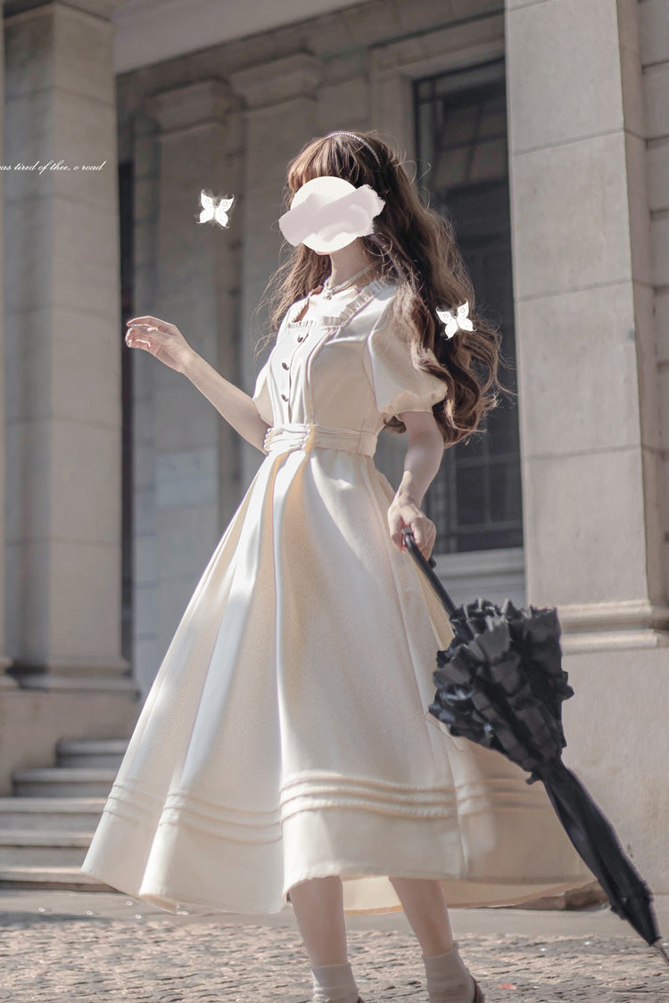 Apricot [Random Thoughts] Square Collar Short Sleeves Ruffle Classic Vintage Elegant Lolita Dress