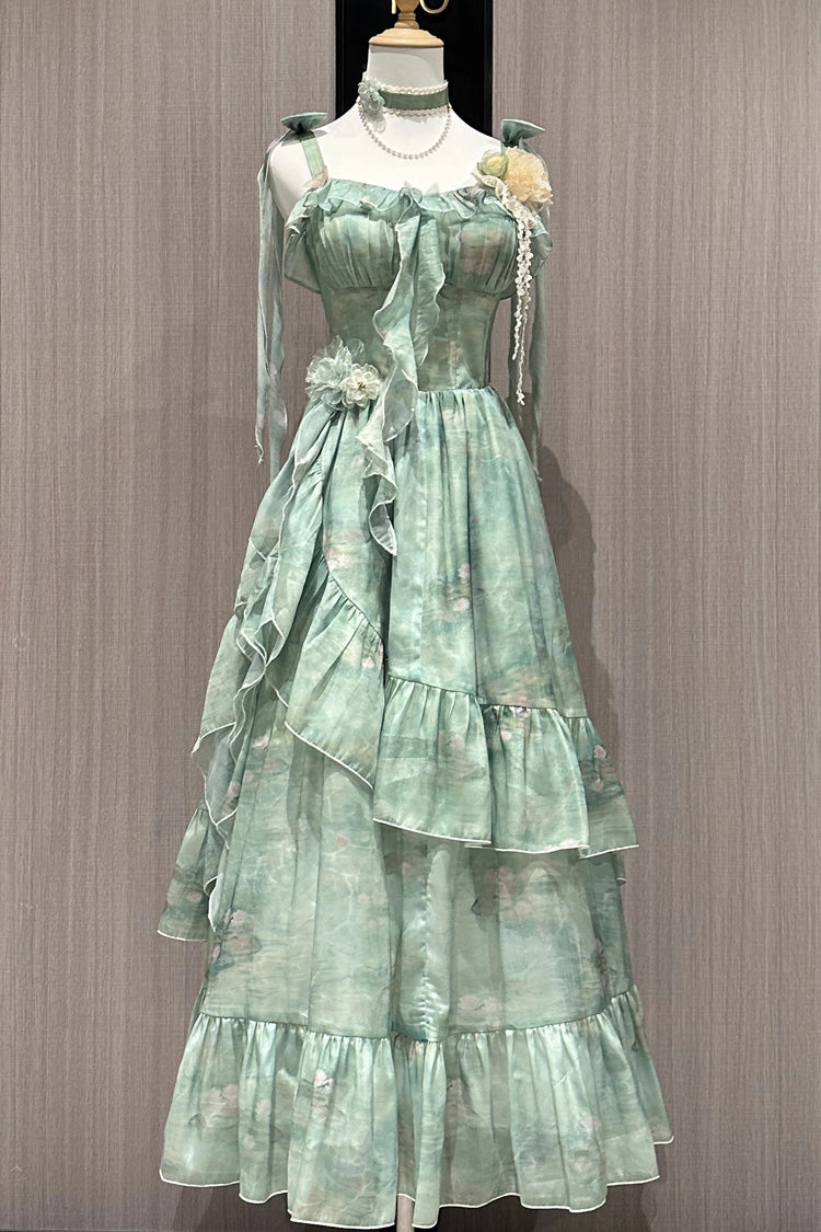 Green [Forest Garden] Print Ruffle Bowknot Sweet Lolita Jsk Long Dress