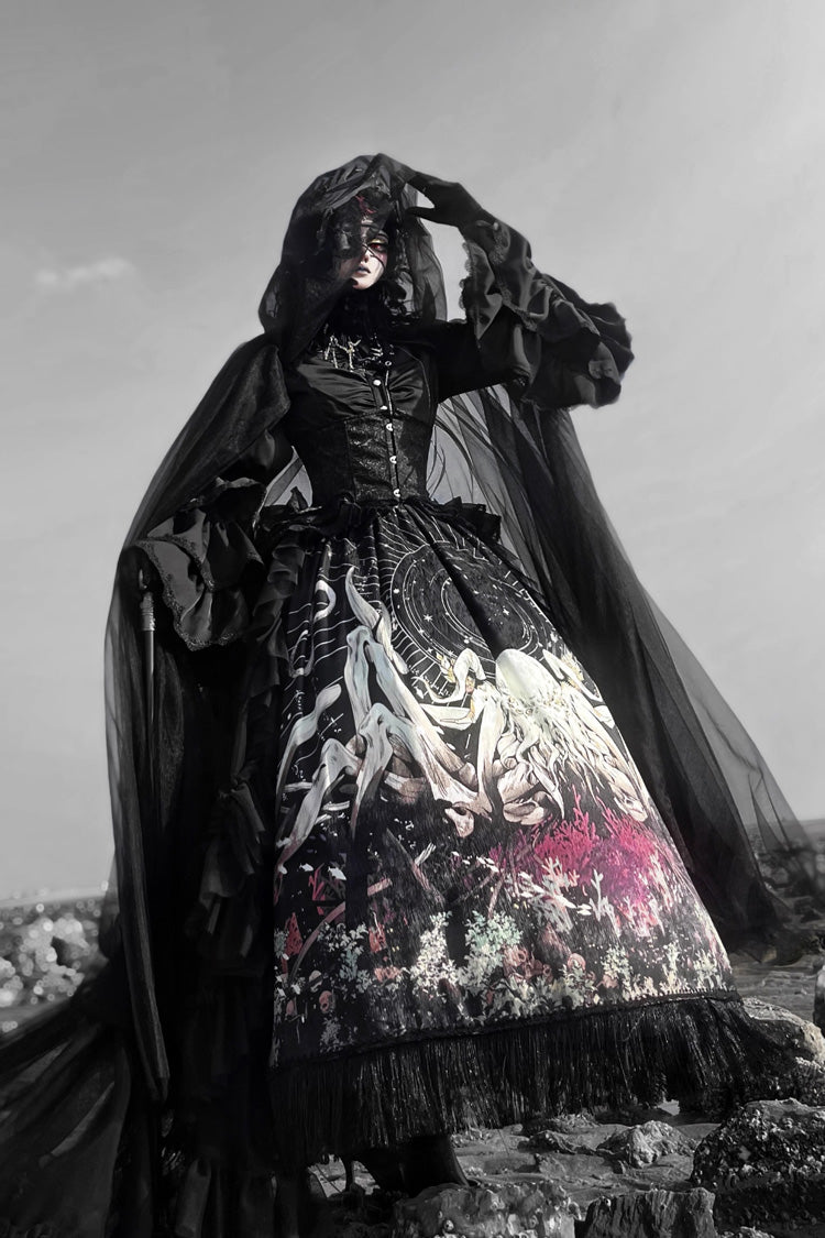 Black [Reborn Ancient God] Long Hime Sleeves Print Lace Gothic Lolita Skirt Dress Set